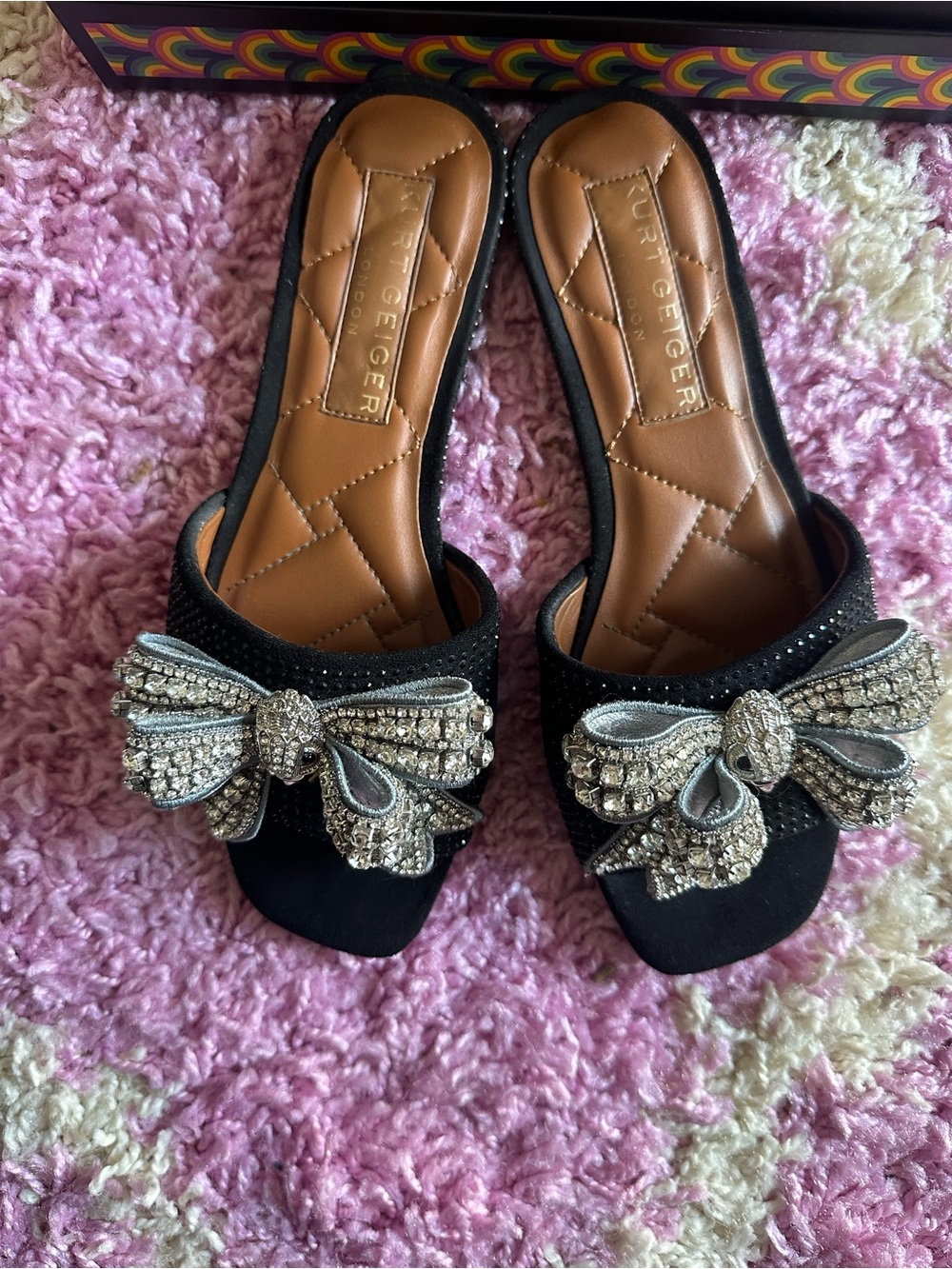 Kurt Geiger Black Slide Mules with Crystal Bow Embellishments